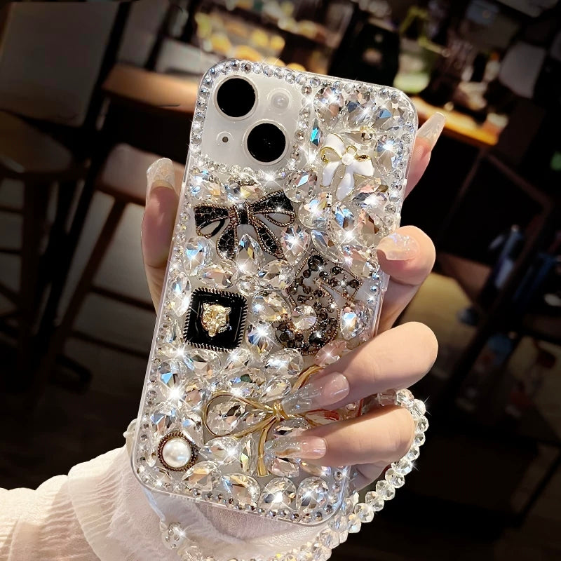 Fully diamond-encrusted rose-patterned transparent soft phone case with lanyard