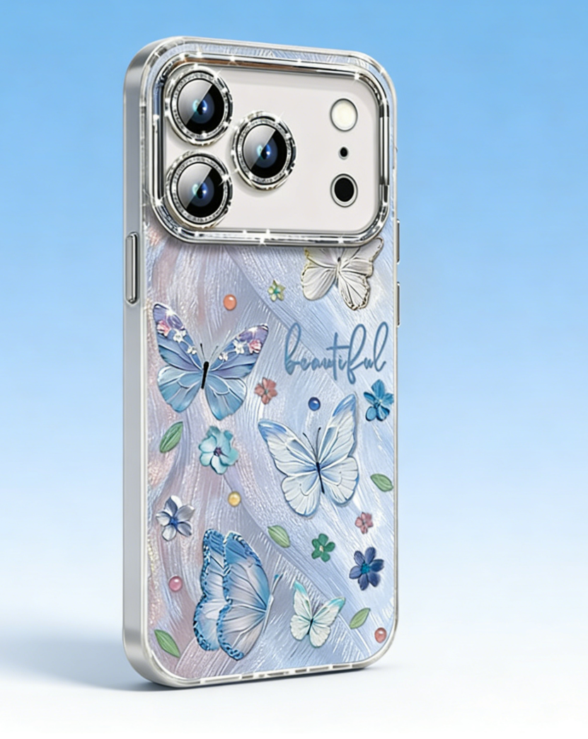 Light Phone case with butterfly design and 'beautiful' text on a light blue background