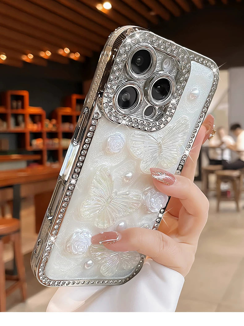 Luxury rhinestone butterfly pearl flower airbag edge phone case