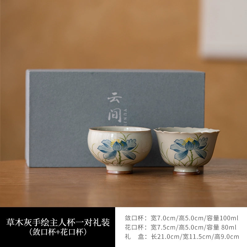 Wood Ash Glazed Hand-Painted Lotus Ceramic Teacup