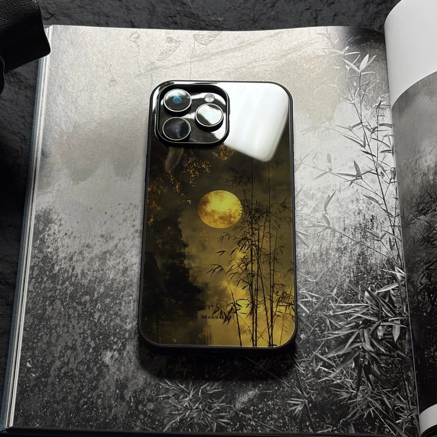 Moonlit bamboo forest art design non-slip full-coverage tempered glass premium phone case