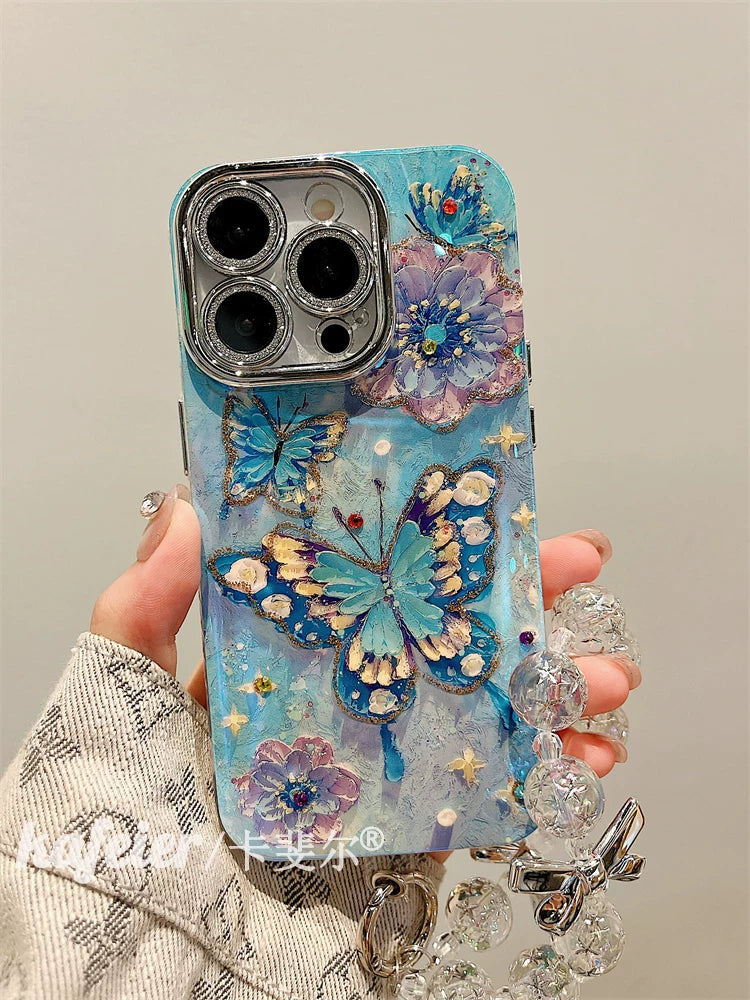 Blue oil painting butterfly and flower silicone phone case