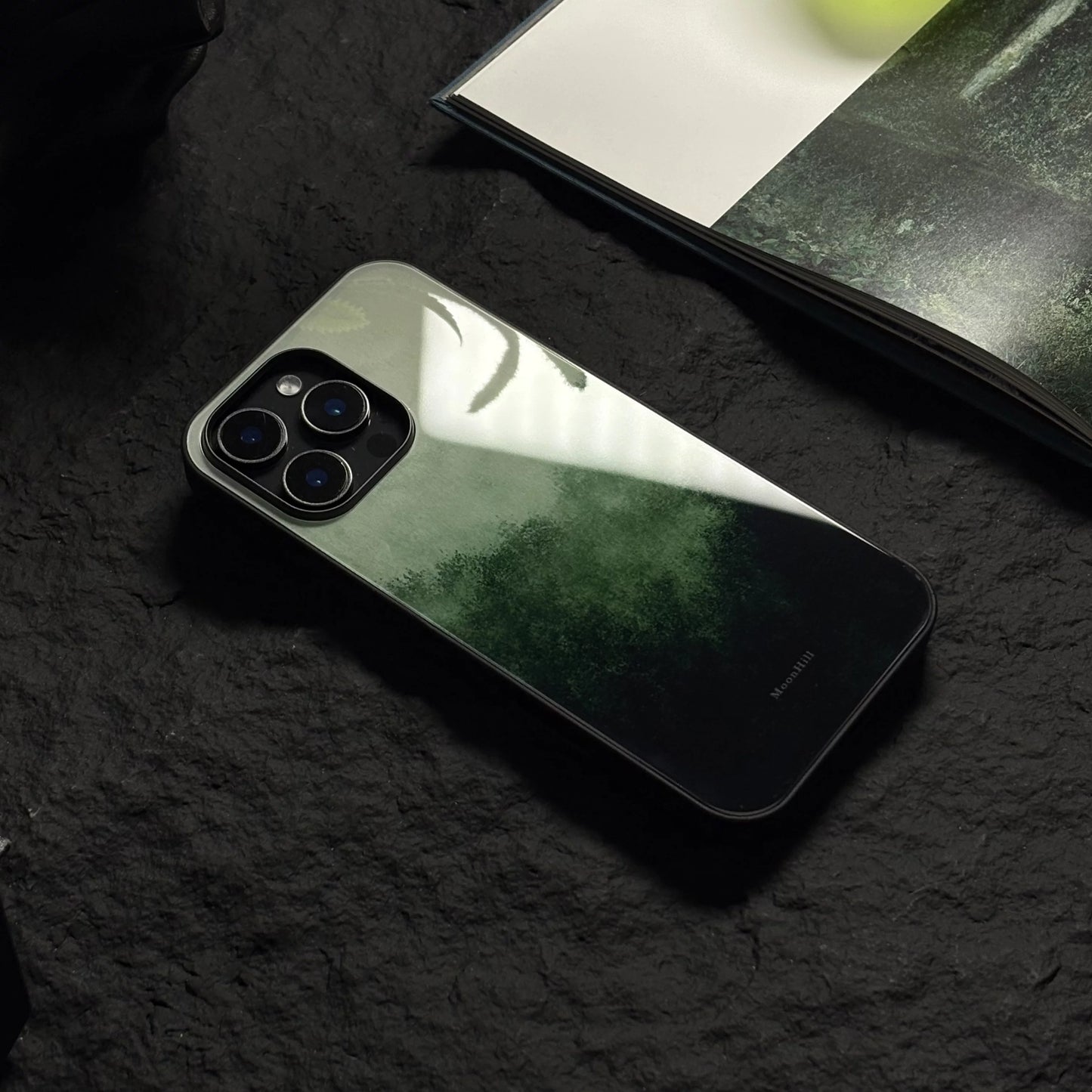 Dark green mountain silhouette anti-slip full-coverage glass premium phone case