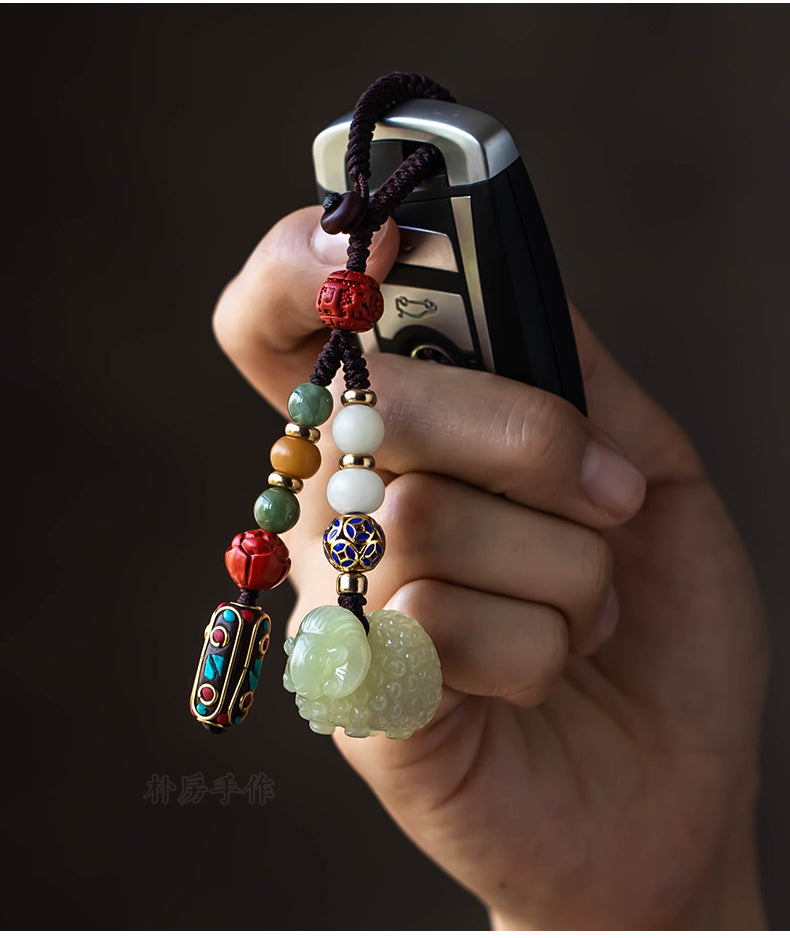 Natural Hetian Jade Zodiac Sheep Keychain