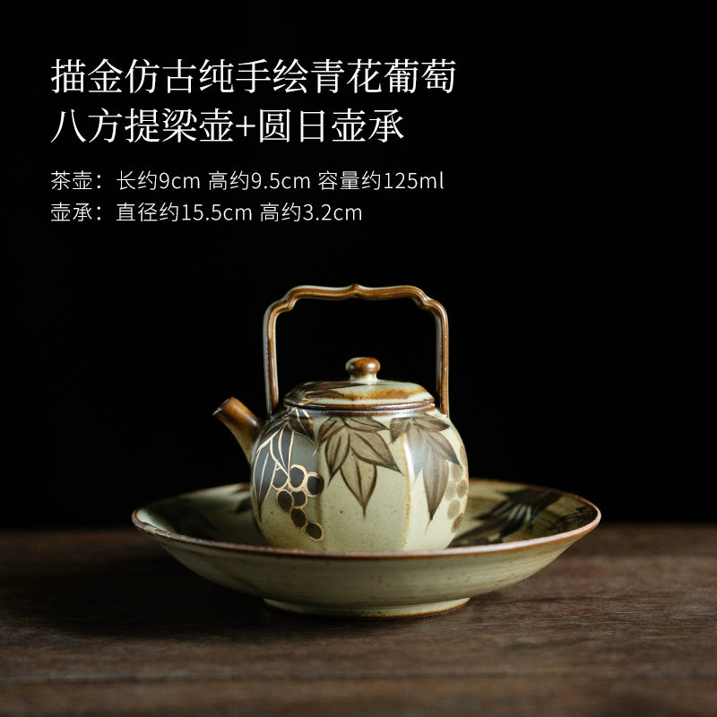 Octafoil Archaic Teapot with Blue-and-White Grapes and Gold Accents