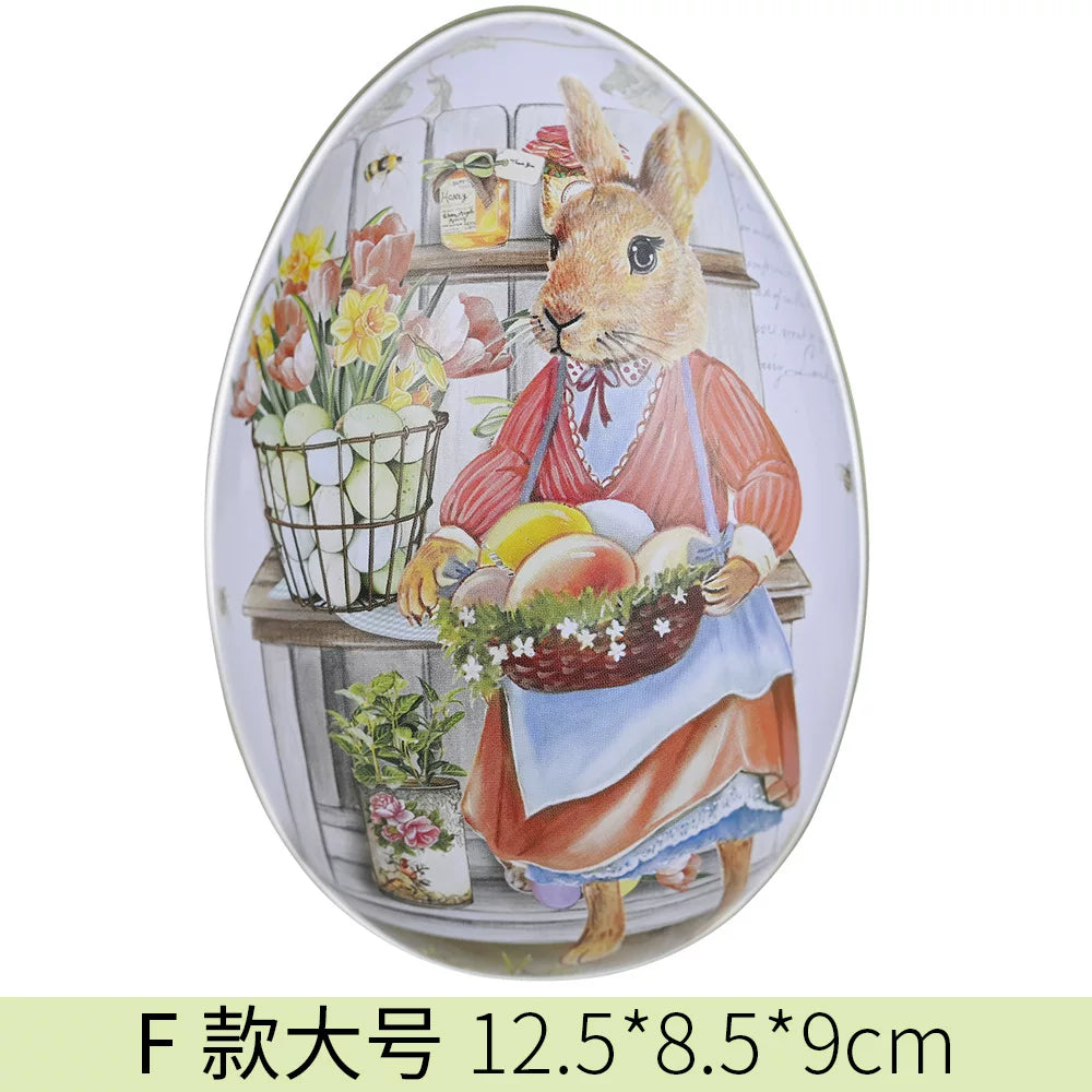 Easter tin eggshells, colorful bunnies, candy egg-shaped tin boxes