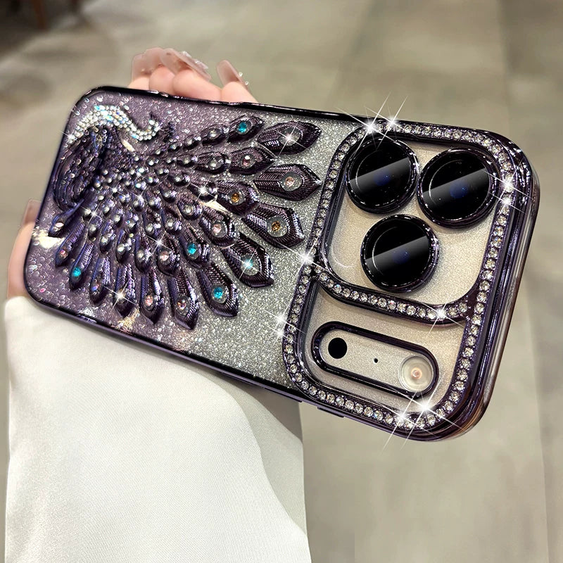 Diamond peacock glitter phone case with built-in lens protector, full coverage phone case