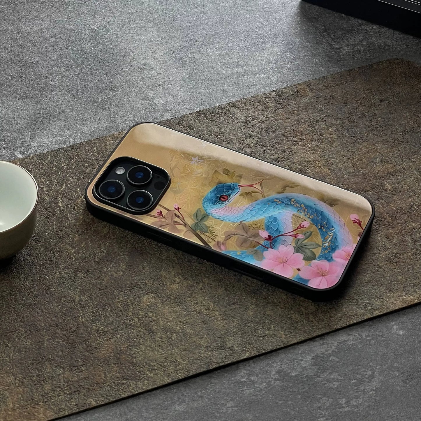 Blue Peach Blossom Snake Art Design Non-slip Full Coverage Glass Original Premium Phone Case