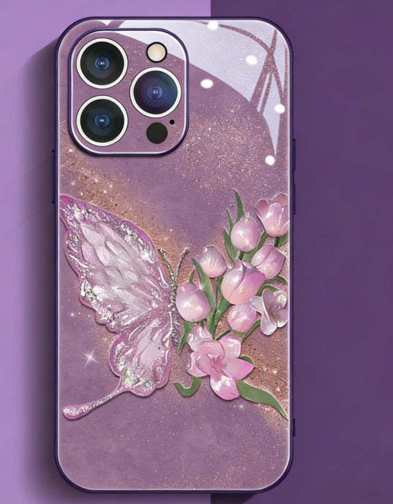 Purple Phone case with butterfly and floral design on a purple background