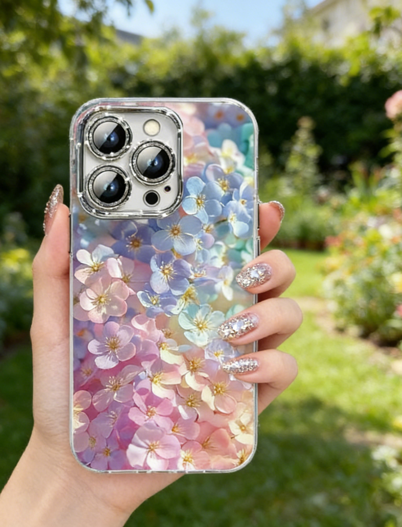 Phone case with floral design held by a hand in a garden setting