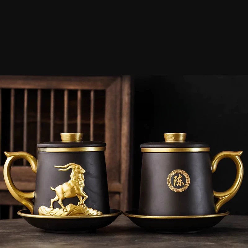 Chinese Zodiac Gilded Zisha Office Cup