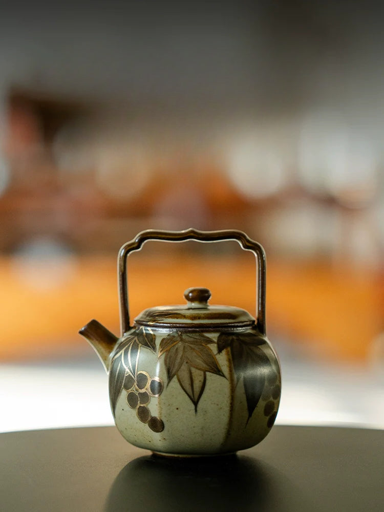 Octafoil Archaic Teapot with Blue-and-White Grapes and Gold Accents