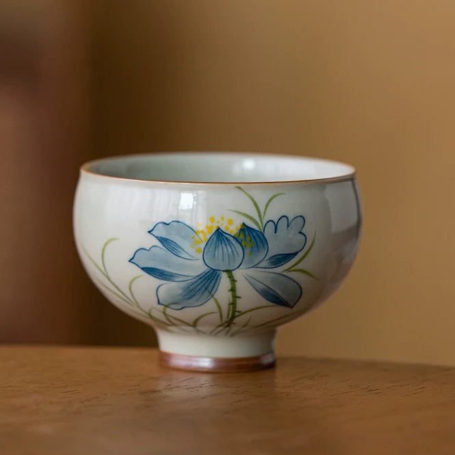 Wood Ash Glazed Hand-Painted Lotus Ceramic Teacup
