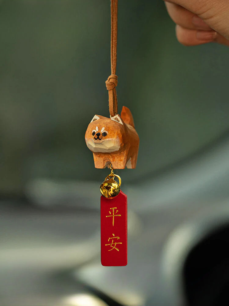 Hand-Carved Solid Wood Pet Ornament for Car
