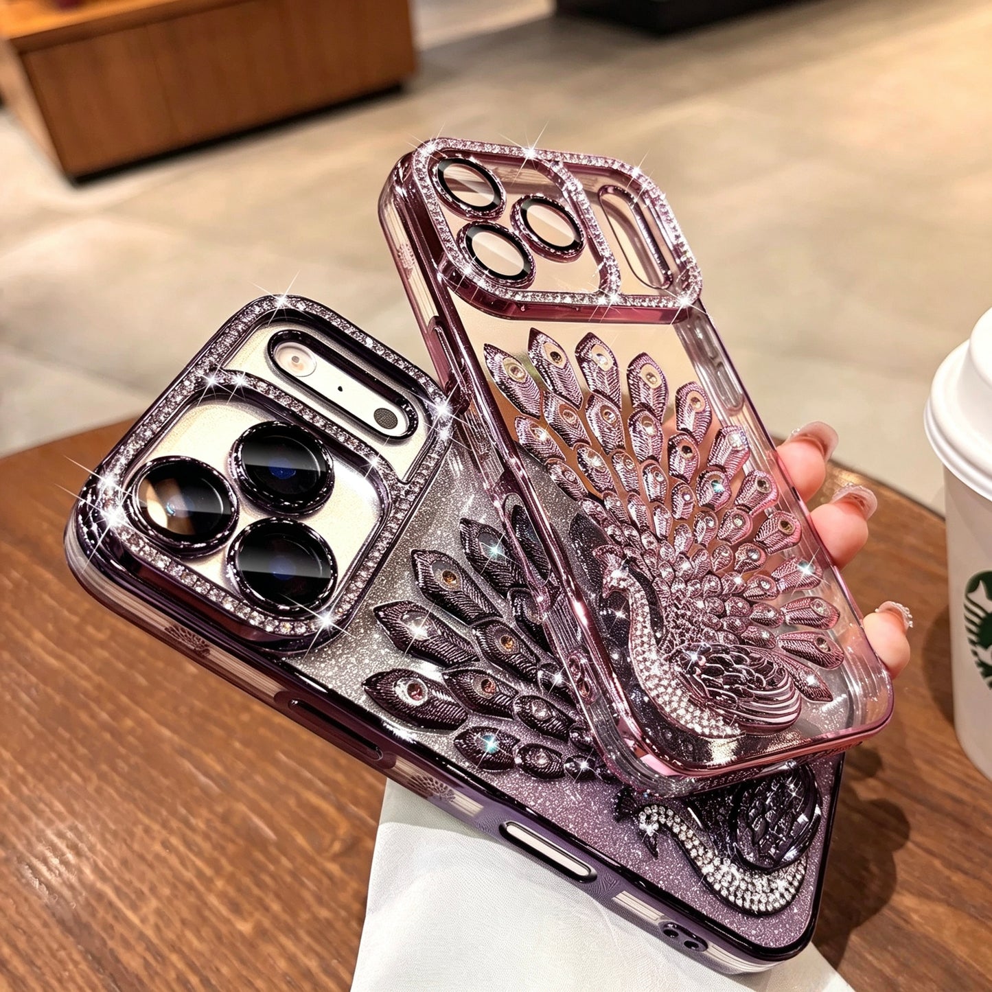 Diamond peacock glitter phone case with built-in lens protector, full coverage phone case
