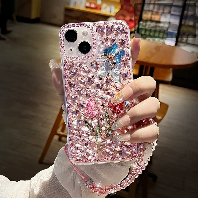 Fully diamond-encrusted rose-patterned transparent soft phone case with lanyard