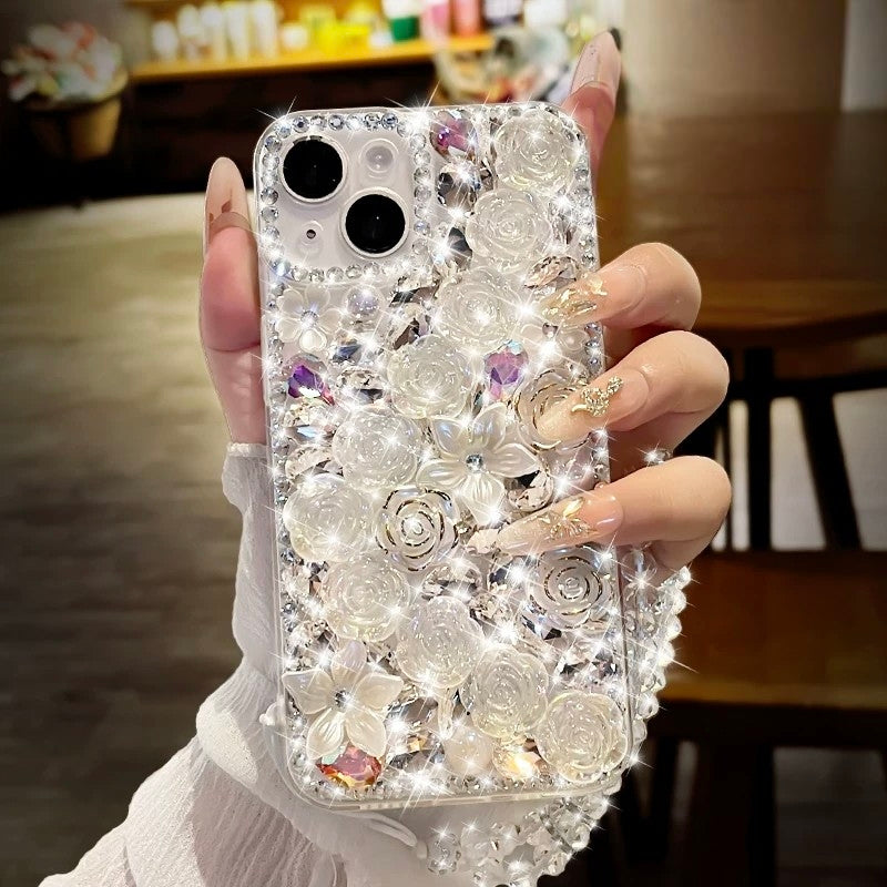 Fully diamond-encrusted rose-patterned transparent soft phone case with lanyard