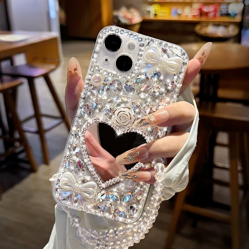 Fully diamond-encrusted rose-patterned transparent soft phone case with lanyard