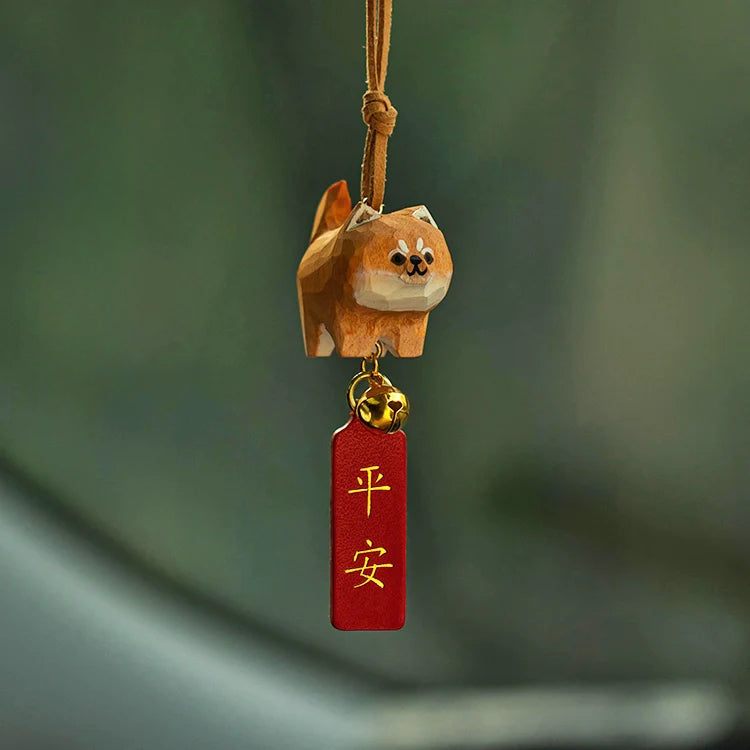 Hand-Carved Solid Wood Pet Ornament for Car