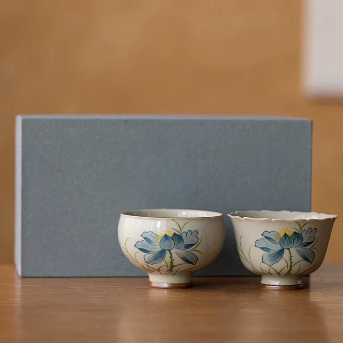 Wood Ash Glazed Hand-Painted Lotus Ceramic Teacup