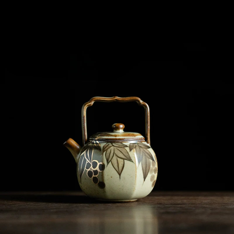 Octafoil Archaic Teapot with Blue-and-White Grapes and Gold Accents