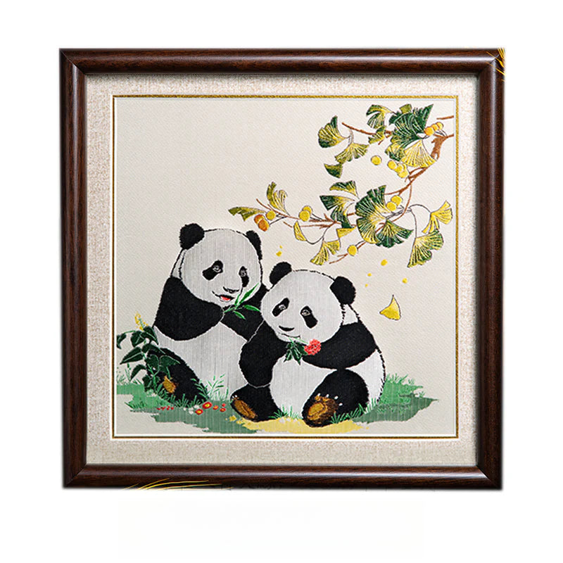 Natural Wood Shu Embroidery Panda Photo Frame Ornament