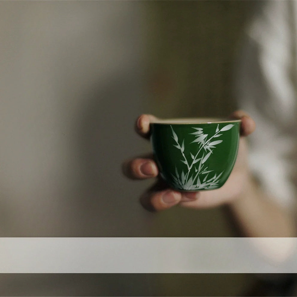 Hand-Painted Bamboo Leaf Vintage Tea Cup