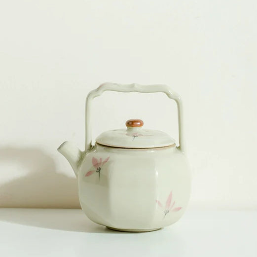 Octafoil Archaic Teapot with Hand-Painted Pink Orchids