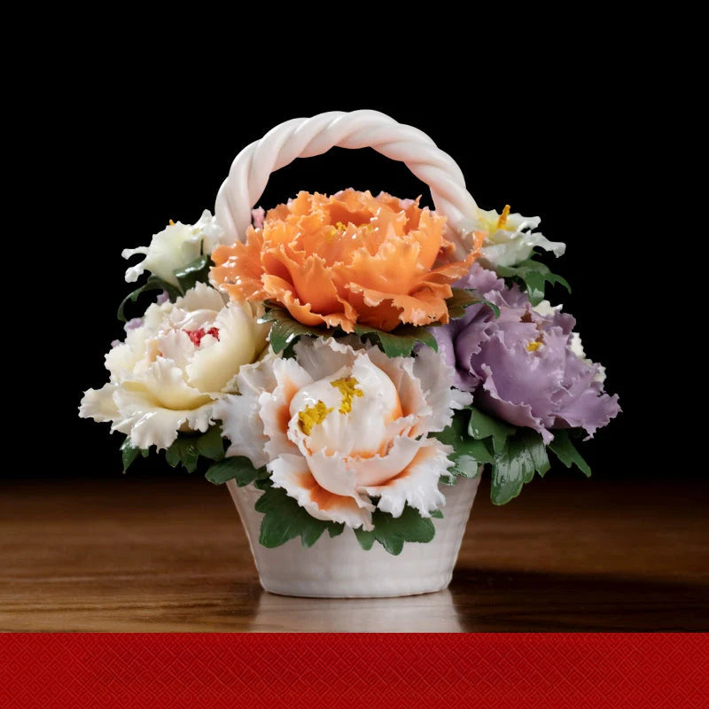 Ceramic Rich Flower Peony Flower Basket Art Decoration
