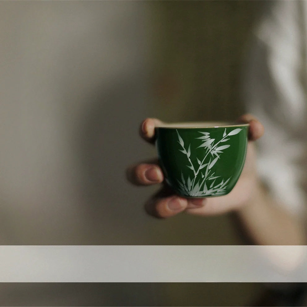 Hand-Painted Bamboo Leaf Vintage Tea Cup