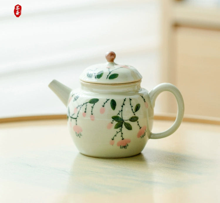 Wood Ash Pure Hand-painted Pink Flower Ceramic Teapot