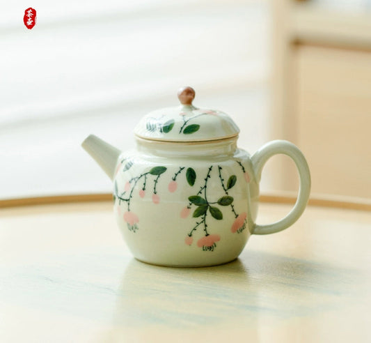 Wood Ash Pure Hand-painted Pink Flower Ceramic Teapot