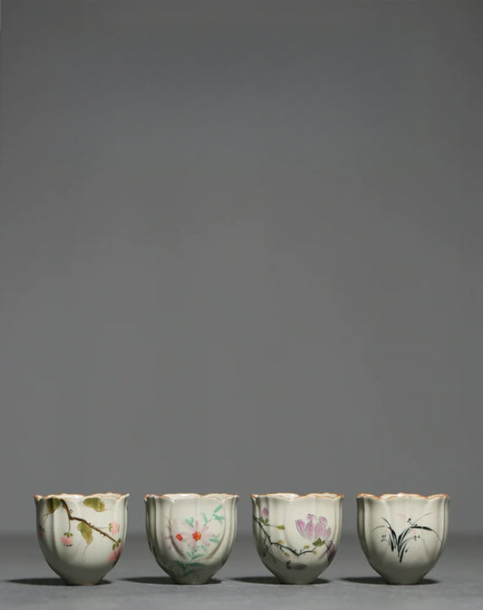 Petal-Shaped Ceramic Teacup with Hand-Painted Blooms