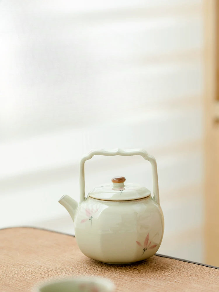 Octafoil Archaic Teapot with Hand-Painted Pink Orchids