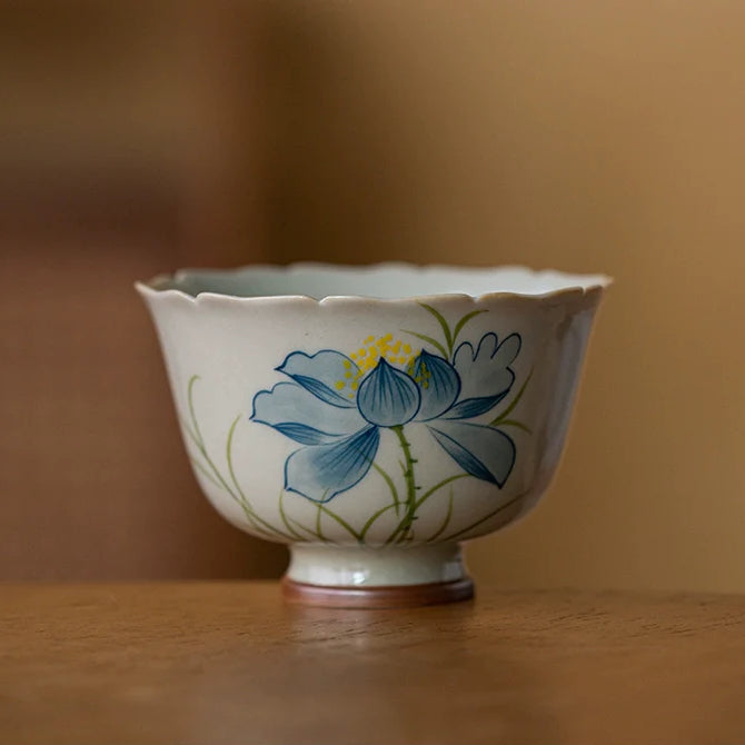 Wood Ash Glazed Hand-Painted Lotus Ceramic Teacup