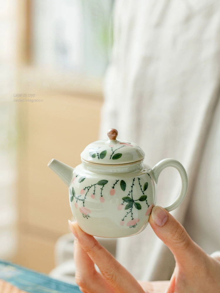 Wood Ash Pure Hand-painted Pink Flower Ceramic Teapot