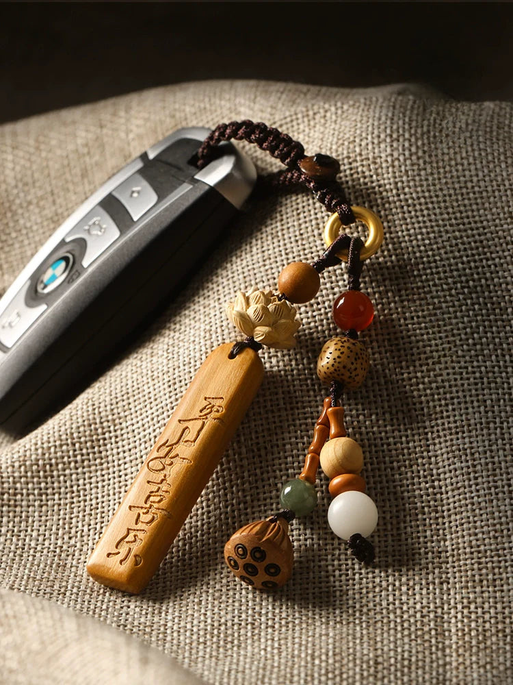 Natural Sandalwood Keychain with Blessing Words