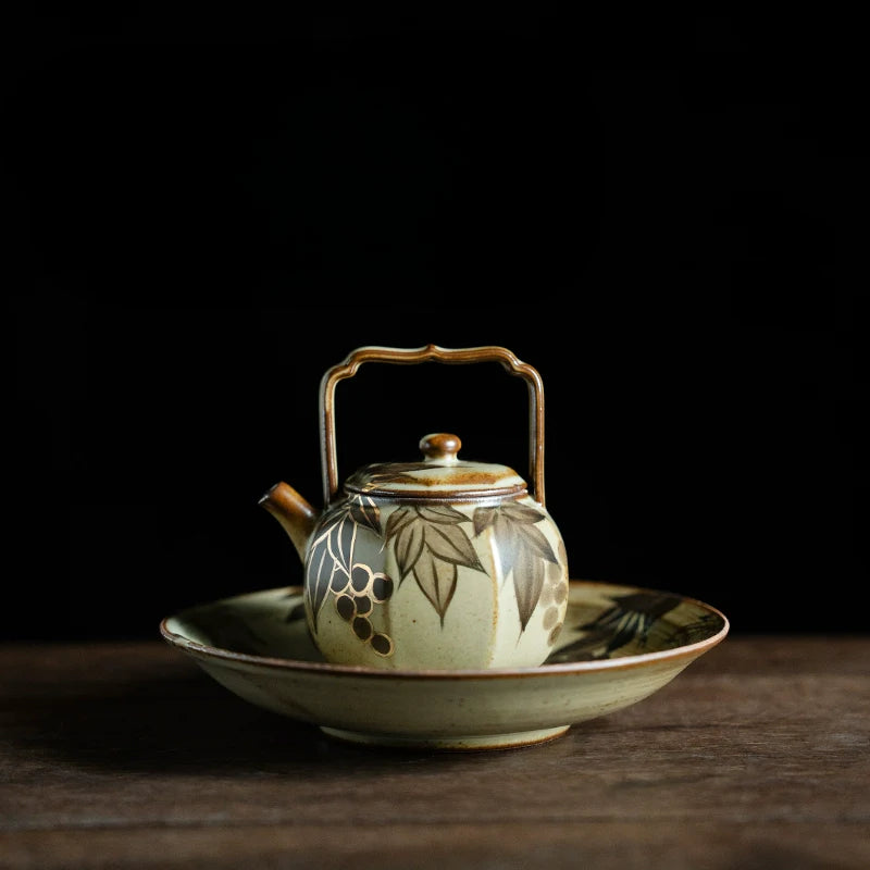 Octafoil Archaic Teapot with Blue-and-White Grapes and Gold Accents