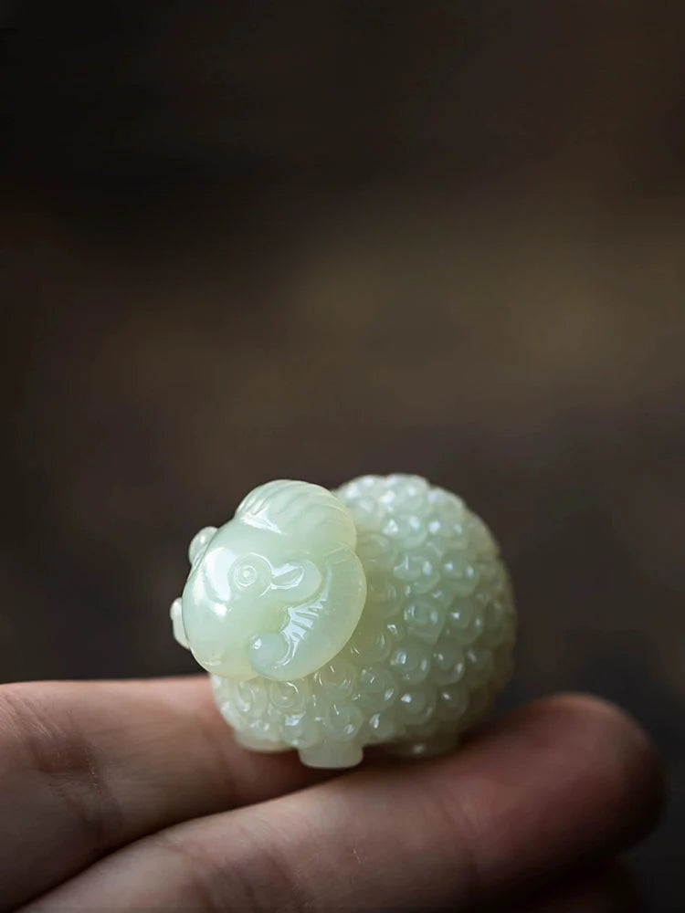 Natural Hetian Jade Zodiac Sheep Keychain
