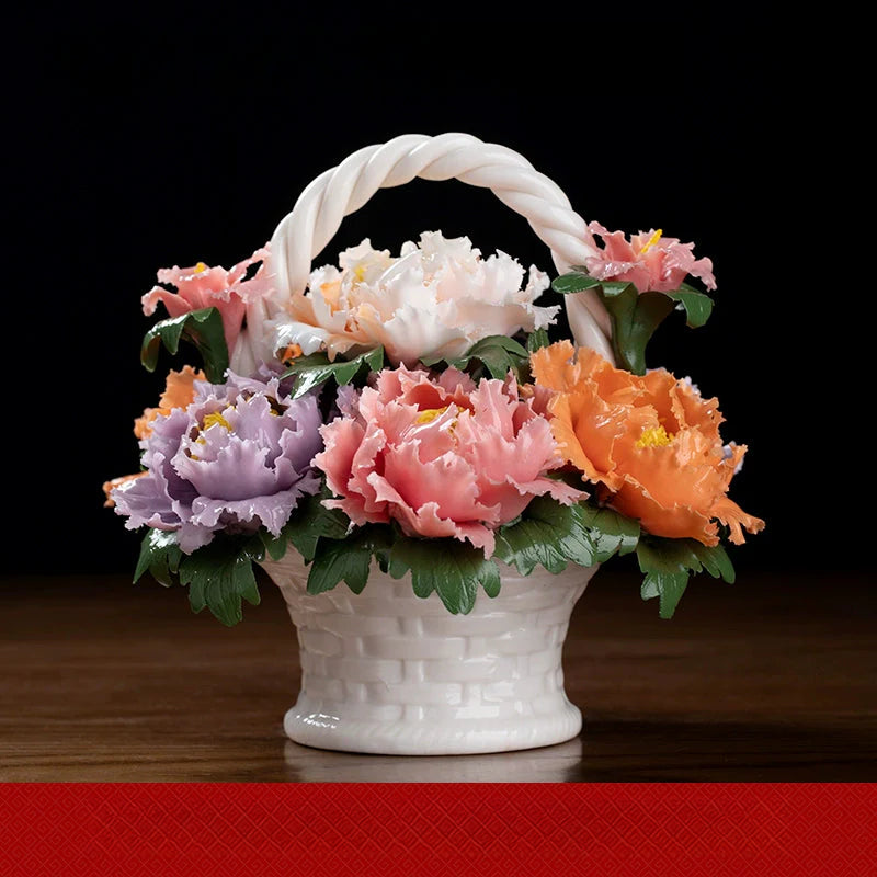 Ceramic Rich Flower Peony Flower Basket Art Decoration