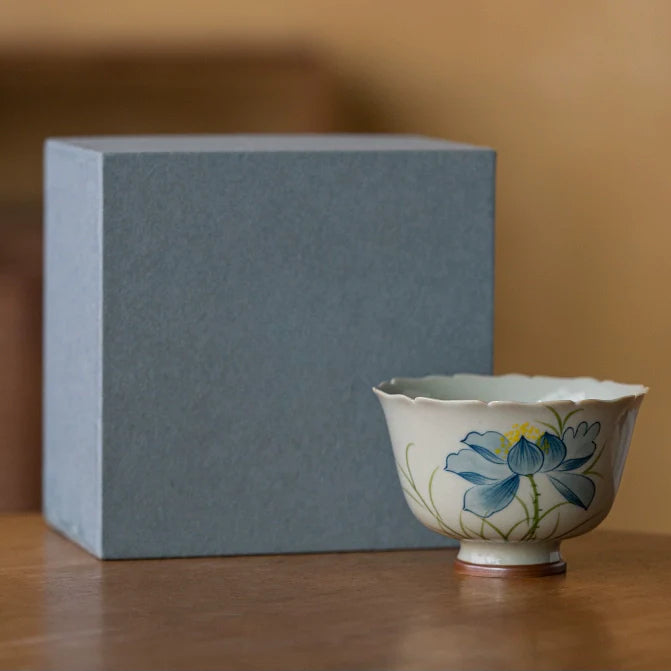 Wood Ash Glazed Hand-Painted Lotus Ceramic Teacup