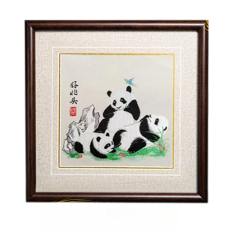 Natural Wood Shu Embroidery Panda Photo Frame Ornament