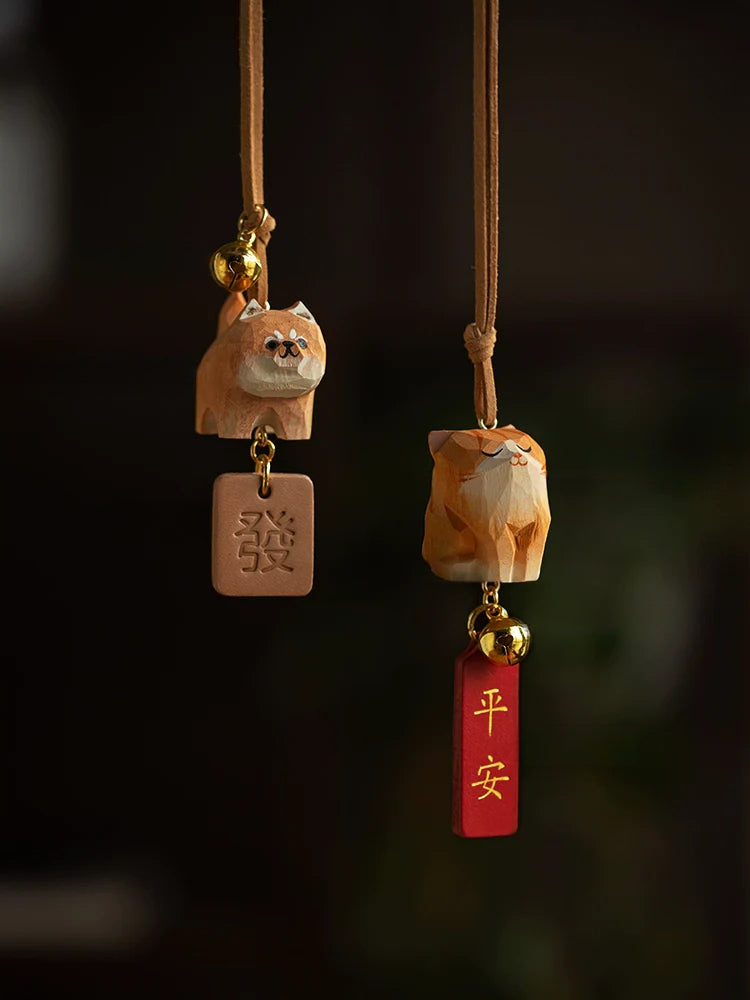 Hand-Carved Solid Wood Pet Ornament for Car