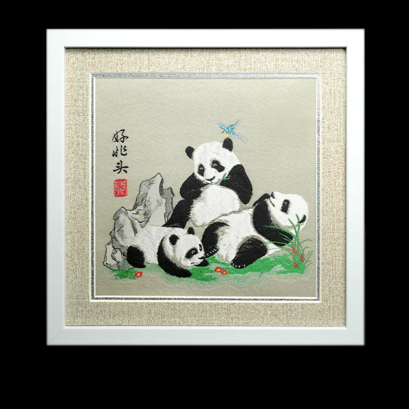 Natural Wood Shu Embroidery Panda Photo Frame Ornament