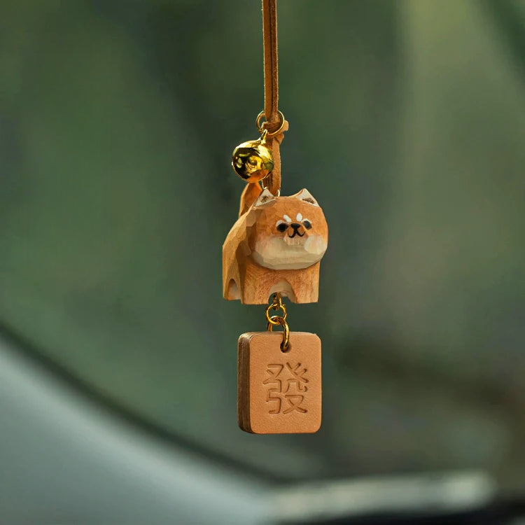 Hand-Carved Solid Wood Pet Ornament for Car