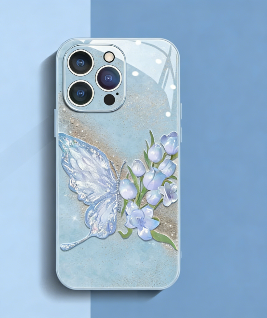 Blue Phone case with butterfly and floral design on a blue background