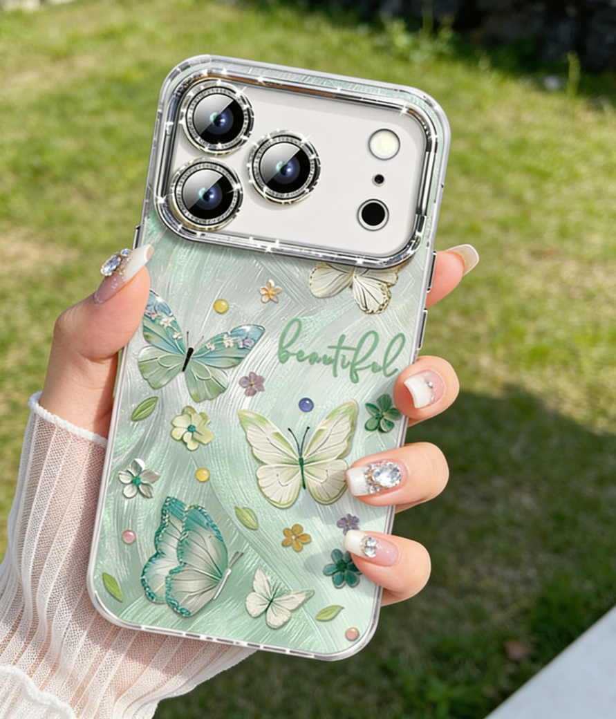  Green Phone case with butterfly design held by a hand outdoors