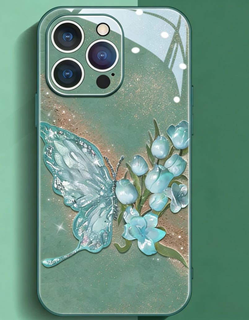 Green Phone case with butterfly and floral design on a green background