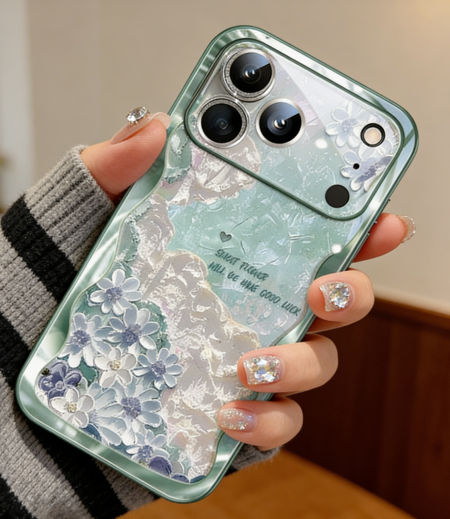 Green Phone case with floral design held by a person wearing a striped sweater.
