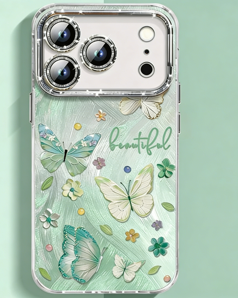 Light Phone case with butterfly design and 'beautiful' text on a light green background